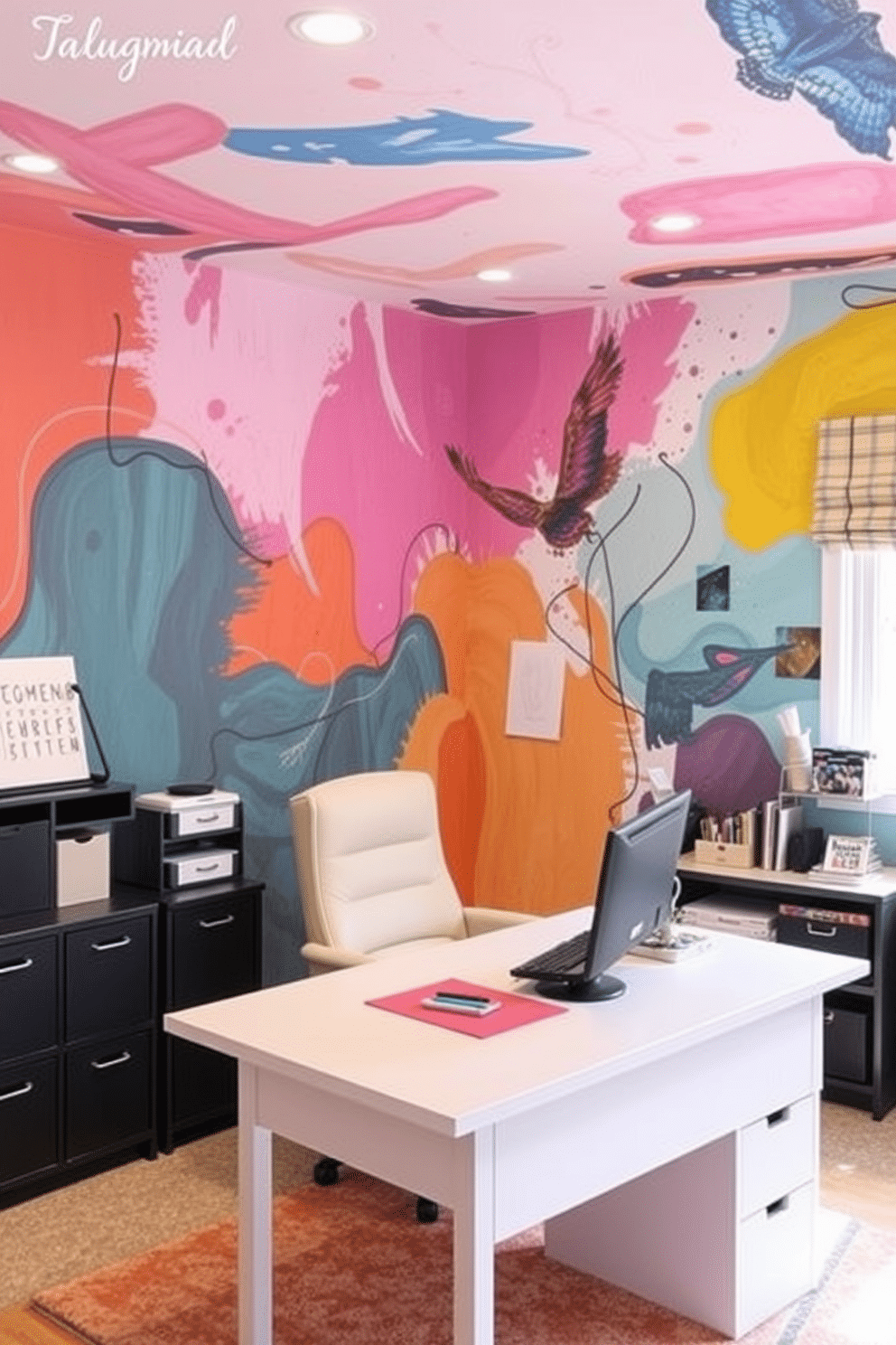 Artistic wall murals that reflect personal style and creativity. The design features vibrant colors and abstract patterns, creating an inspiring backdrop for work and relaxation. A cozy home office craft room that combines functionality with comfort. The space includes a large crafting table, ample storage for supplies, and a comfortable chair, all set against a backdrop of cheerful, uplifting colors.