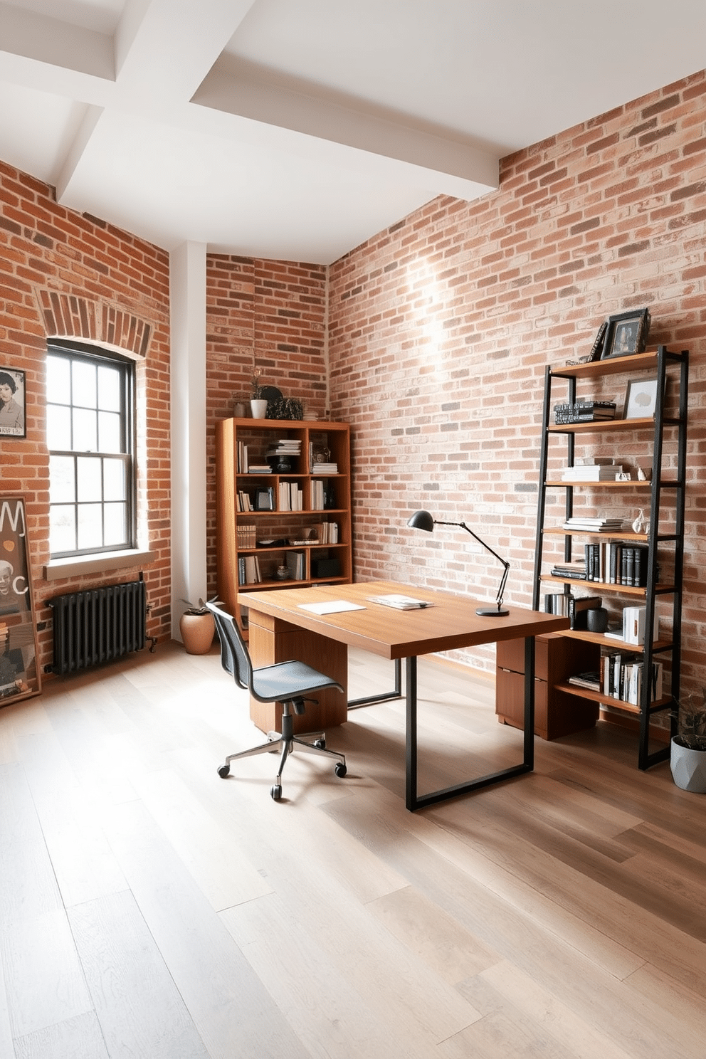 A modern industrial home office features exposed brick walls that add character and warmth. The space is accented with a large wooden desk paired with a sleek metal chair, creating a perfect blend of comfort and style. Natural light floods the room through large windows, illuminating the minimalist decor. A tall bookshelf made of reclaimed wood stands against one wall, filled with books and decorative items for a personal touch.