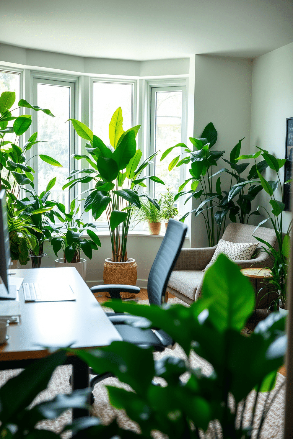 A serene home office den featuring lush green plants strategically placed around the room to enhance air quality. The workspace includes a sleek wooden desk with a comfortable ergonomic chair, complemented by a cozy reading nook adorned with a plush armchair and a small side table. Natural light floods the space through large windows, highlighting the vibrant foliage of the plants. The walls are painted in a soft, calming color, creating an inviting atmosphere for productivity and relaxation.