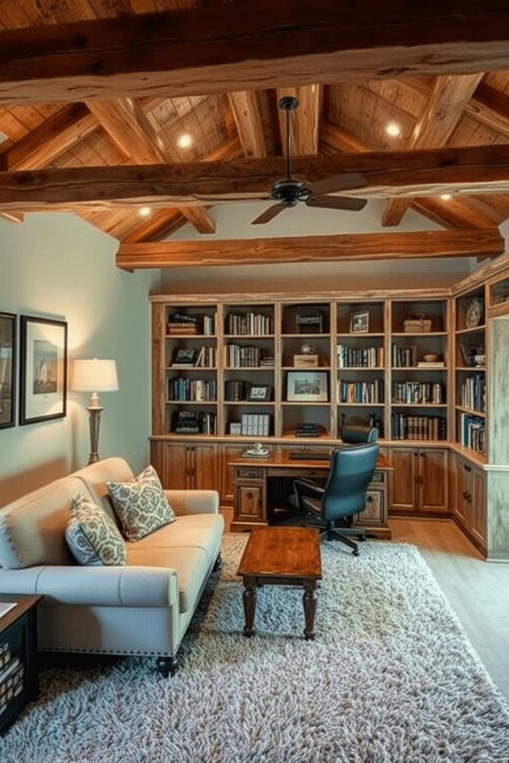 A cozy home office den featuring rustic wooden beams that add character and warmth to the space. The room includes a large, reclaimed wood desk paired with a comfortable leather chair, creating an inviting workspace. Soft, ambient lighting highlights the natural textures of the beams, while a plush area rug anchors the seating area. Bookshelves made from distressed wood line the walls, filled with an assortment of books and decorative items.