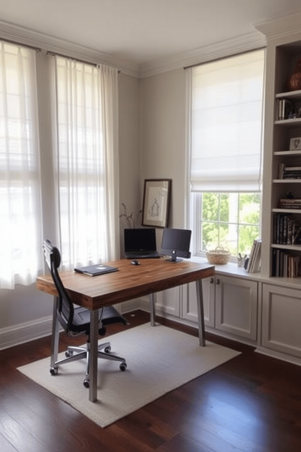 Bright window treatments for natural light. The room features sheer white curtains that gently filter sunlight, creating a warm and inviting atmosphere. Home Office Den Design Ideas. A sleek desk made of reclaimed wood is positioned against a wall, complemented by a comfortable ergonomic chair and built-in shelving filled with books and decorative items.