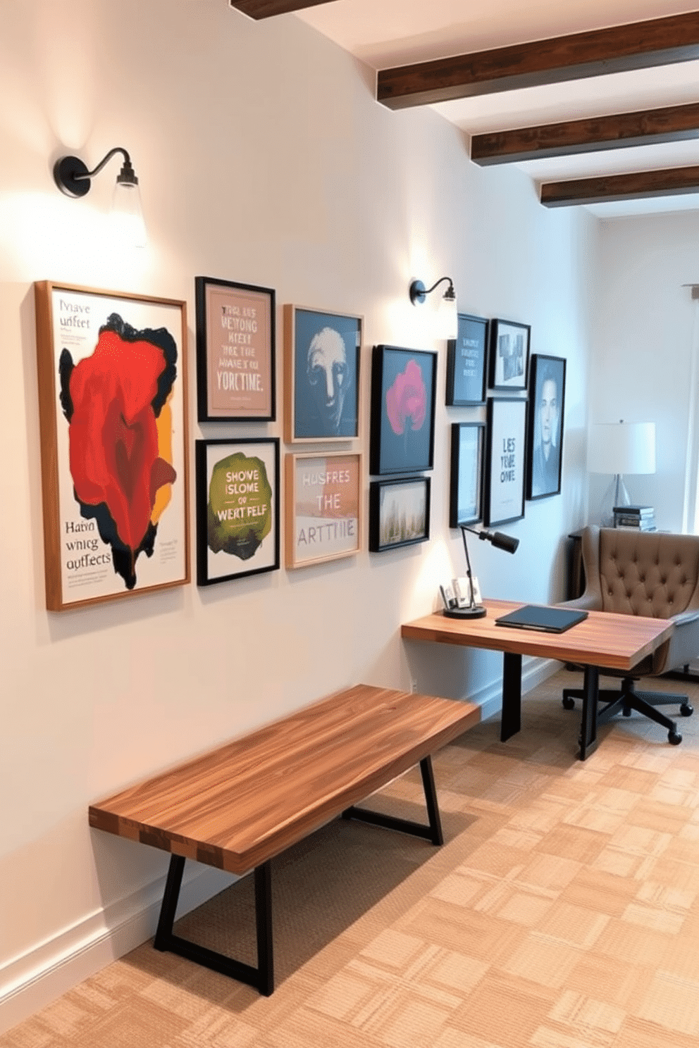 A personal art gallery wall designed for motivation features an eclectic mix of framed artwork, including abstract pieces and inspirational quotes. The wall is painted in a soft white to allow the vibrant colors of the art to pop, with a sleek wooden bench beneath it for comfortable seating. The home office den is designed with a modern aesthetic, showcasing a large, L-shaped desk made of reclaimed wood. Soft, ambient lighting from stylish sconces highlights the space, while a cozy reading nook with a plush armchair and a small bookshelf creates an inviting atmosphere.