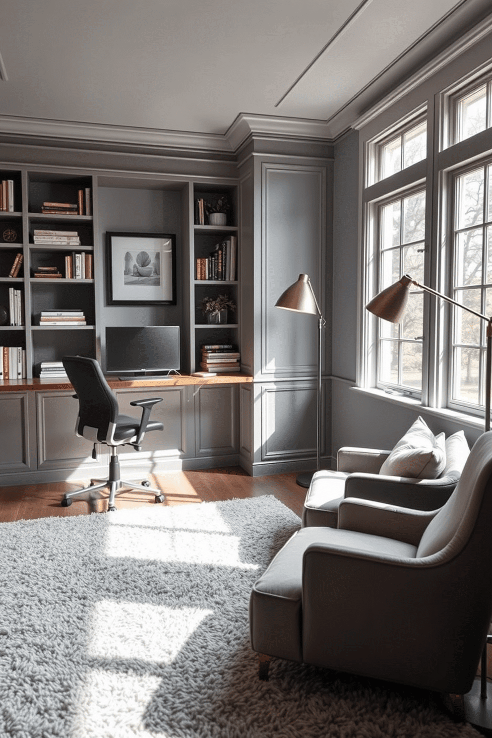 A cozy home office den featuring a plush, textured area rug that adds warmth to the space. The room is designed with a sleek wooden desk, a comfortable ergonomic chair, and built-in shelves filled with books and decorative items. Natural light floods the space through large windows, illuminating the soft color palette of muted blues and grays. A stylish floor lamp stands beside a reading nook with a cozy armchair, inviting relaxation and productivity.