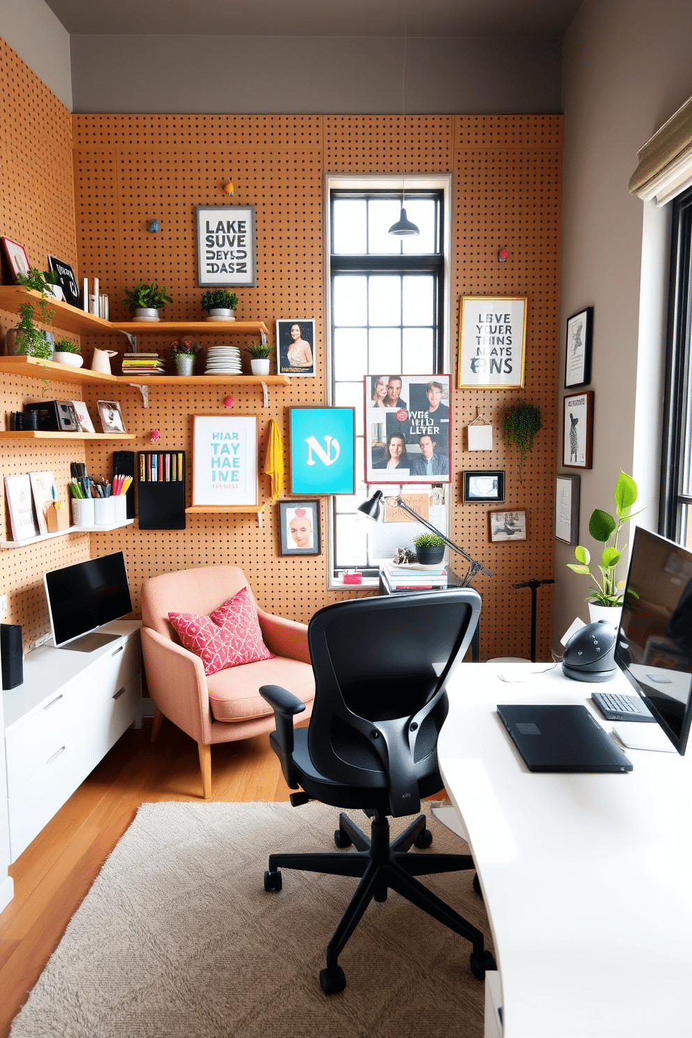 A stylish home office den featuring a creative pegboard wall for organization. The pegboard is adorned with colorful hooks and shelves, holding office supplies, plants, and inspirational artwork, creating a functional yet aesthetically pleasing workspace. The room is filled with natural light from a large window, complemented by a cozy reading nook with a plush armchair and a small side table. A sleek desk with a modern design sits against the wall, paired with a comfortable ergonomic chair, ensuring both style and comfort while working.