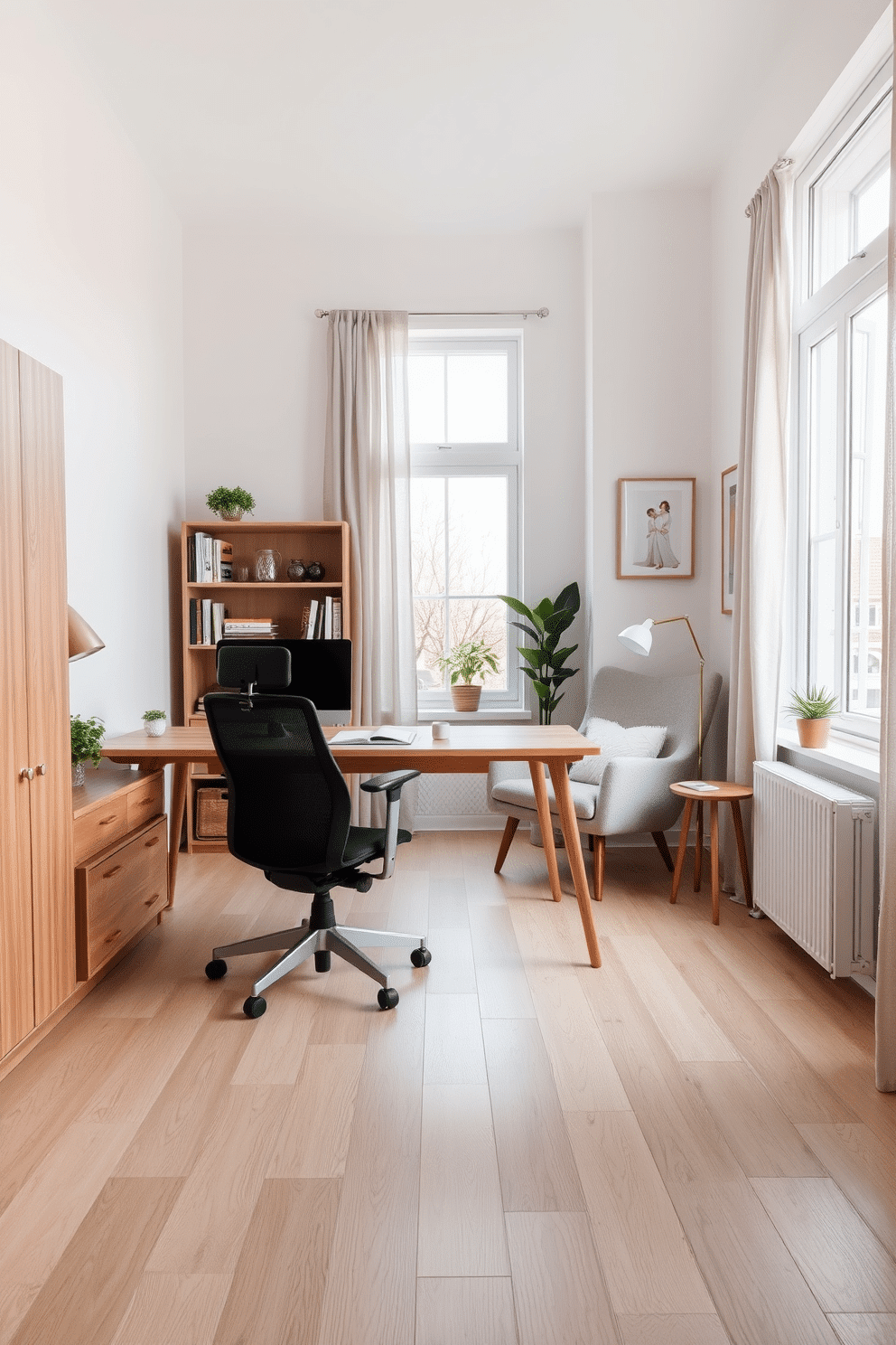 A serene home office den featuring Scandinavian design with light wood tones. The space includes a sleek wooden desk paired with a comfortable ergonomic chair, complemented by a cozy reading nook with a plush armchair and a small side table. Natural light floods the room through large windows adorned with simple, light-filtering curtains. The walls are painted in a soft white, and decorative elements include a minimalist bookshelf filled with curated books and a few green plants for a touch of nature.