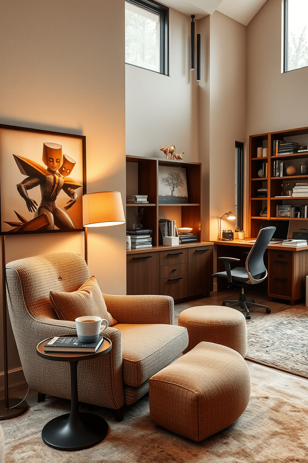 A cozy corner with a plush armchair is designed for relaxation, featuring soft, textured fabrics in warm earth tones. A small side table holds a steaming cup of tea and a stack of books, while a floor lamp with a warm glow illuminates the space. The home office den is a blend of functionality and comfort, showcasing a sleek wooden desk paired with an ergonomic chair. Shelves filled with books and personal artifacts line the walls, and a large window allows natural light to flood the room, enhancing productivity and creativity.