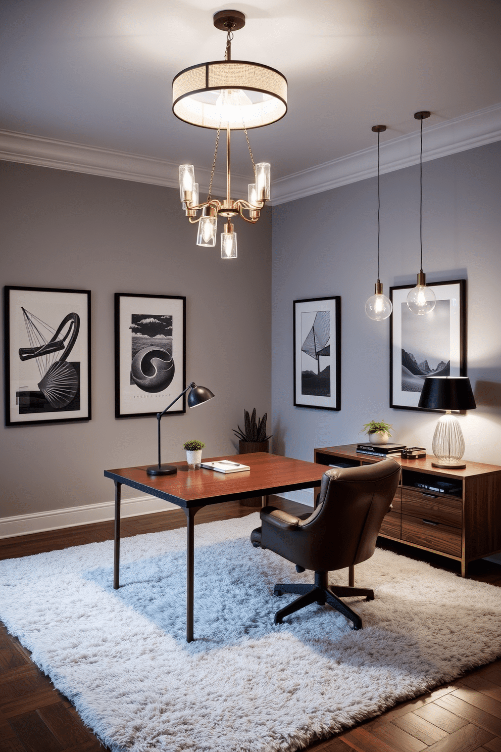 A stylish home office den with statement lighting fixtures as focal points. The room features a large, elegant chandelier hanging above a sleek wooden desk, complemented by modern pendant lights that add a warm glow. The walls are painted in a soft gray, adorned with framed artwork that inspires creativity. A plush area rug defines the workspace, while a comfortable leather chair invites long hours of productivity.