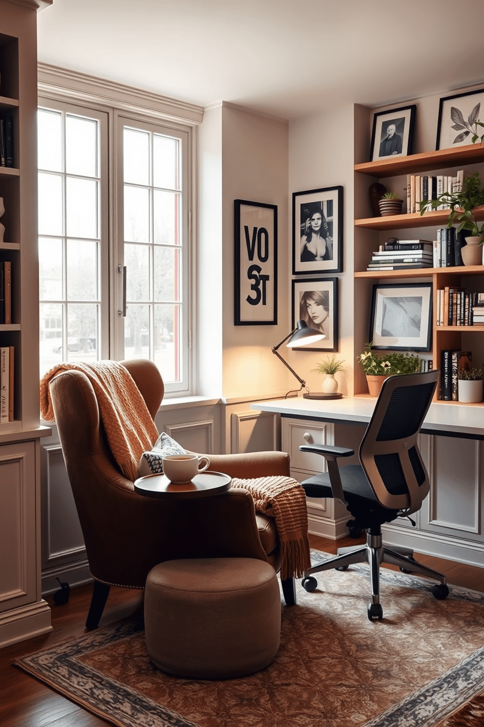 Cozy reading nook with built-in shelves. A plush armchair is positioned next to a large window, bathed in soft natural light, with a small side table holding a steaming cup of tea. The walls are lined with built-in shelves filled with books and decorative items, and a warm, textured throw blanket drapes over the armchair. A patterned rug anchors the space, adding warmth and inviting comfort to the nook. Home Office Den Design Ideas. A sleek desk is placed against a wall adorned with framed artwork, creating an inspiring workspace. A comfortable ergonomic chair complements the desk, while a stylish bookshelf filled with books and plants adds personality to the room. Soft lighting from a modern desk lamp illuminates the area, enhancing productivity and creating a welcoming atmosphere.