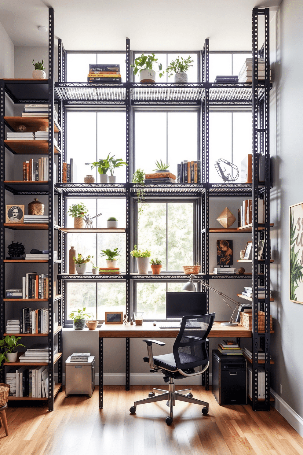 A modern home office den featuring industrial-style metal shelving units that rise from floor to ceiling. The shelves are filled with a mix of books, plants, and decorative objects, creating an organized yet eclectic look. The workspace includes a sleek wooden desk with a comfortable ergonomic chair positioned in front of a large window, allowing natural light to flood the room. The walls are painted in a soft gray, providing a neutral backdrop that enhances the industrial aesthetic of the metal shelving.