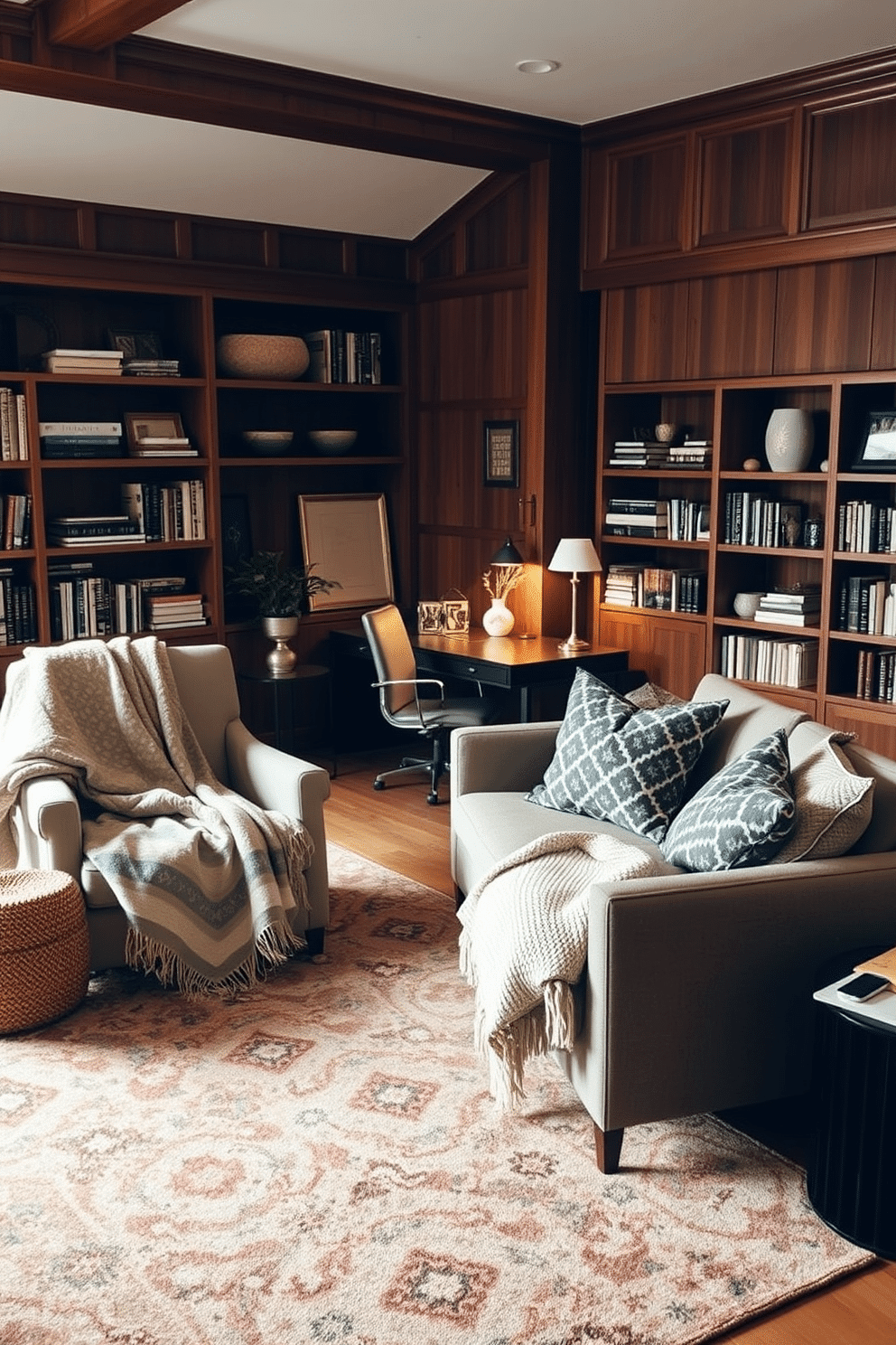 A cozy home office den filled with layered textiles to create a warm atmosphere. Plush throw blankets drape over a deep-seated armchair, complemented by a variety of patterned cushions on a sleek sofa. The walls are adorned with rich wood paneling, and a large area rug anchors the space, featuring warm tones that invite relaxation. A stylish desk sits against a window, surrounded by bookshelves filled with an eclectic mix of books and decorative items, enhancing the inviting ambiance.