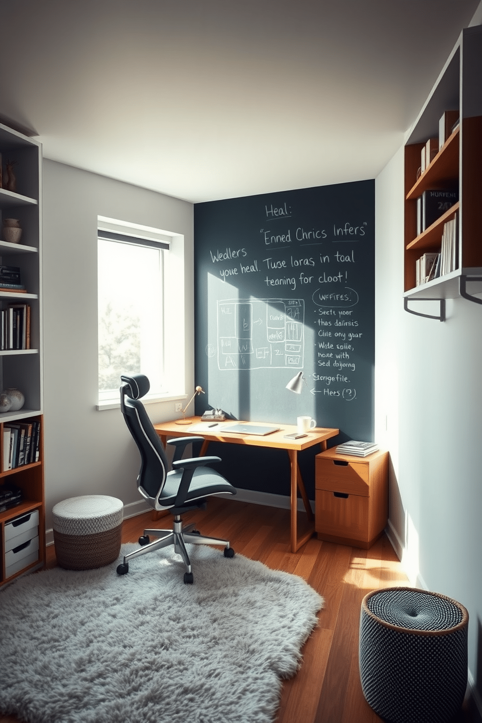 A modern home office den features a large chalkboard wall, perfect for brainstorming and jotting down ideas. The space is illuminated by natural light streaming through a large window, and a sleek wooden desk with a comfortable ergonomic chair sits in front of the chalkboard. The walls are painted in a calming light gray, creating a serene atmosphere conducive to productivity. A plush area rug adds warmth to the room, while shelves filled with books and decorative items provide personality and inspiration.