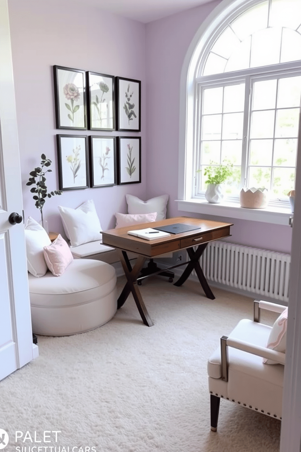 A serene home office den featuring a soft color palette with pastel accents. The walls are painted in a light lavender hue, complemented by a plush cream carpet and a cozy reading nook adorned with pastel throw pillows. A stylish wooden desk sits in front of a large window, allowing natural light to flood the space. Above the desk, a series of framed botanical prints in soft tones add a touch of elegance to the room.