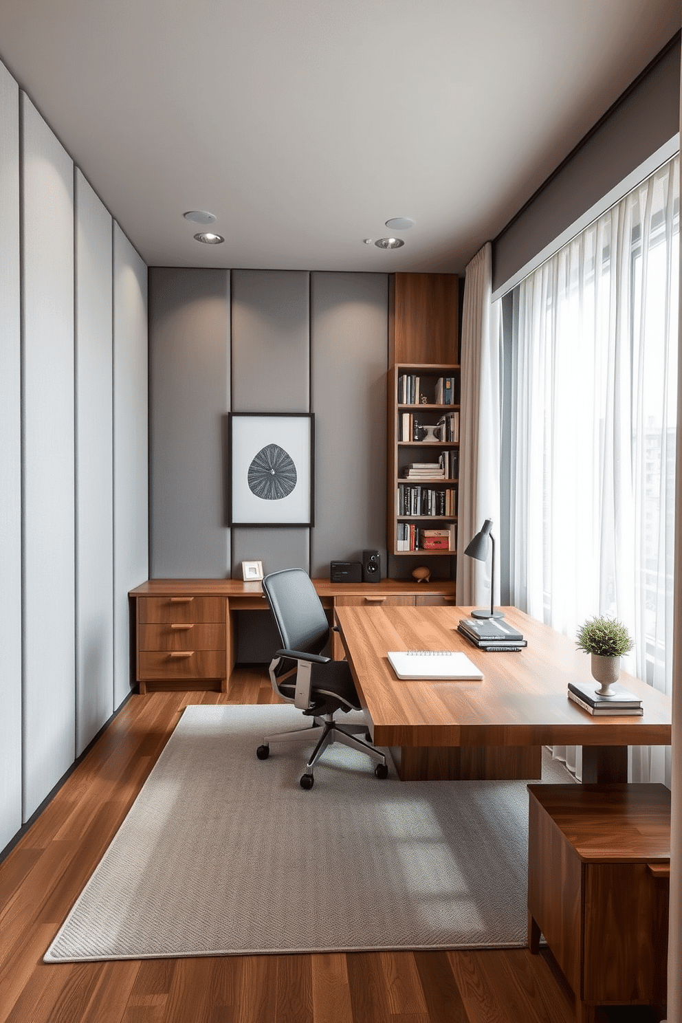 A modern home office den featuring acoustic panels for sound absorption. The walls are lined with sleek, fabric-covered panels in a soft gray, while a large wooden desk sits centrally, complemented by an ergonomic chair. Natural light floods the space through a large window adorned with sheer curtains. A stylish bookshelf filled with books and decorative items occupies one corner, enhancing the cozy and productive atmosphere.