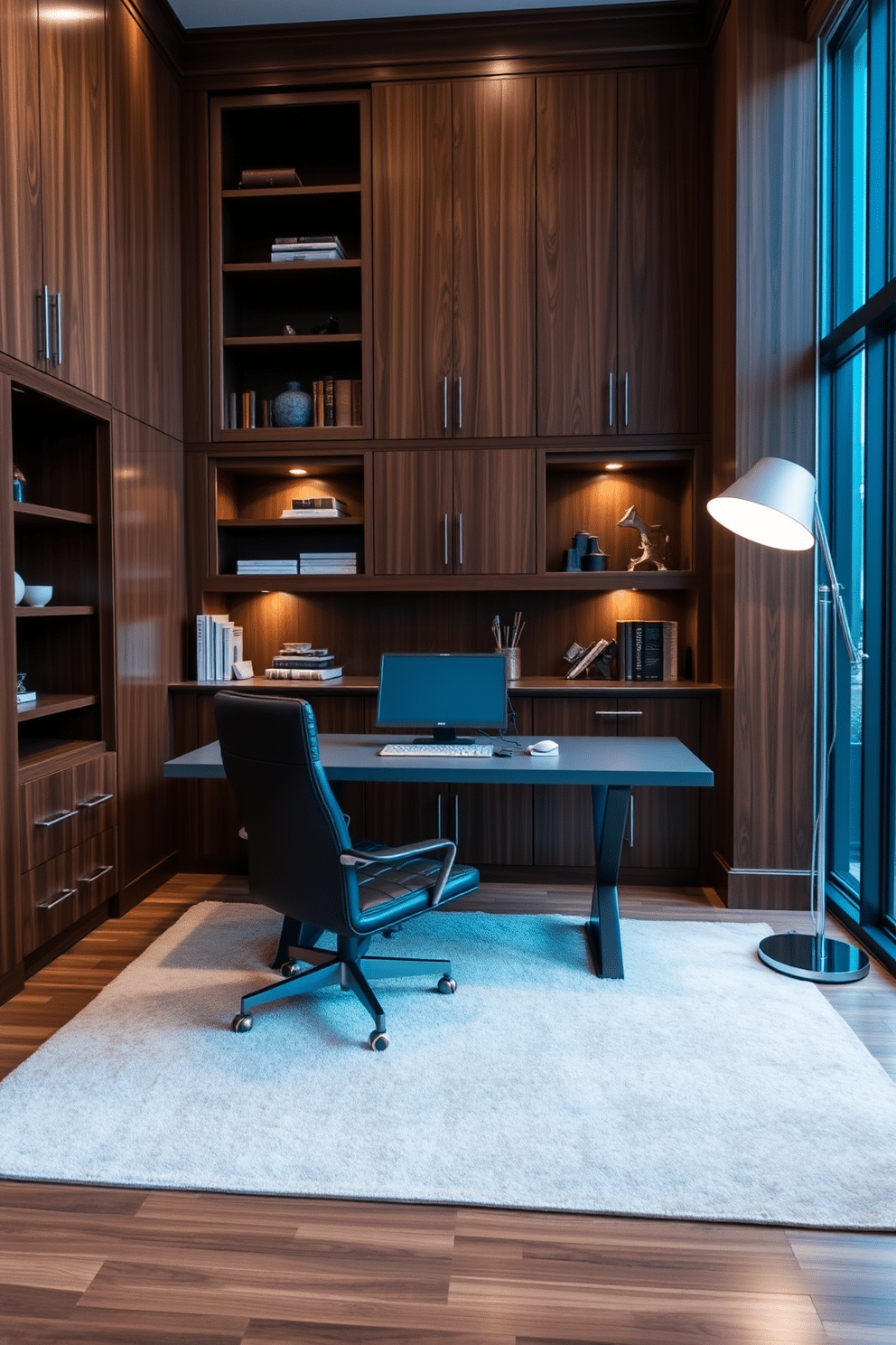 A stylish home office den featuring custom cabinetry for tailored storage solutions. The cabinetry boasts a rich walnut finish, with built-in shelves that display books and decorative items, while a sleek desk sits beneath a large window, providing ample natural light. The room is accented with a comfortable leather chair and a contemporary area rug that adds warmth to the space. Soft ambient lighting from a modern floor lamp complements the overall design, creating an inviting atmosphere for productivity and relaxation.