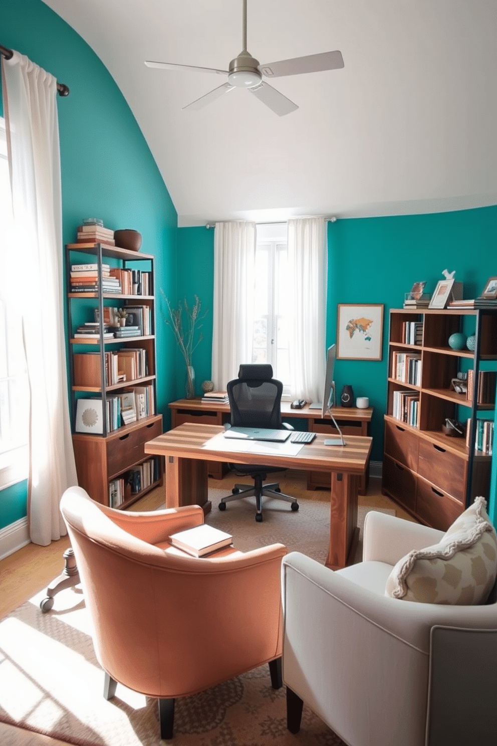 A home office den featuring bright accent walls in a bold turquoise shade, creating a vibrant and inviting atmosphere. The space includes a sleek, modern desk made of reclaimed wood, paired with a comfortable ergonomic chair, and surrounded by shelves filled with books and decorative items. Natural light floods the room through large windows adorned with sheer white curtains, enhancing the cheerful ambiance. A cozy reading nook is situated in one corner, with a plush armchair and a small side table, perfect for enjoying a cup of coffee.