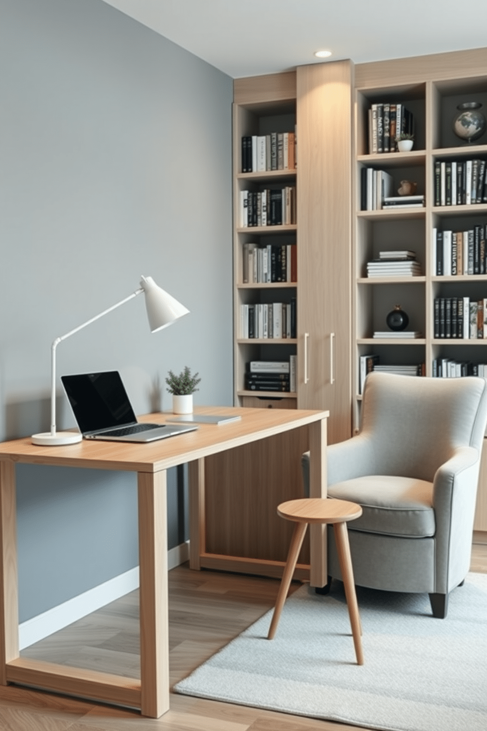 A minimalist Scandinavian desk setup featuring a light wood desk with clean lines and a simple design. The desk is adorned with a small potted plant, a sleek laptop, and a minimalist desk lamp in white. For the home office den design, imagine a cozy space with a plush armchair in soft gray fabric and a small side table. The walls are lined with bookshelves filled with books and decorative items, creating an inviting atmosphere for work and relaxation.