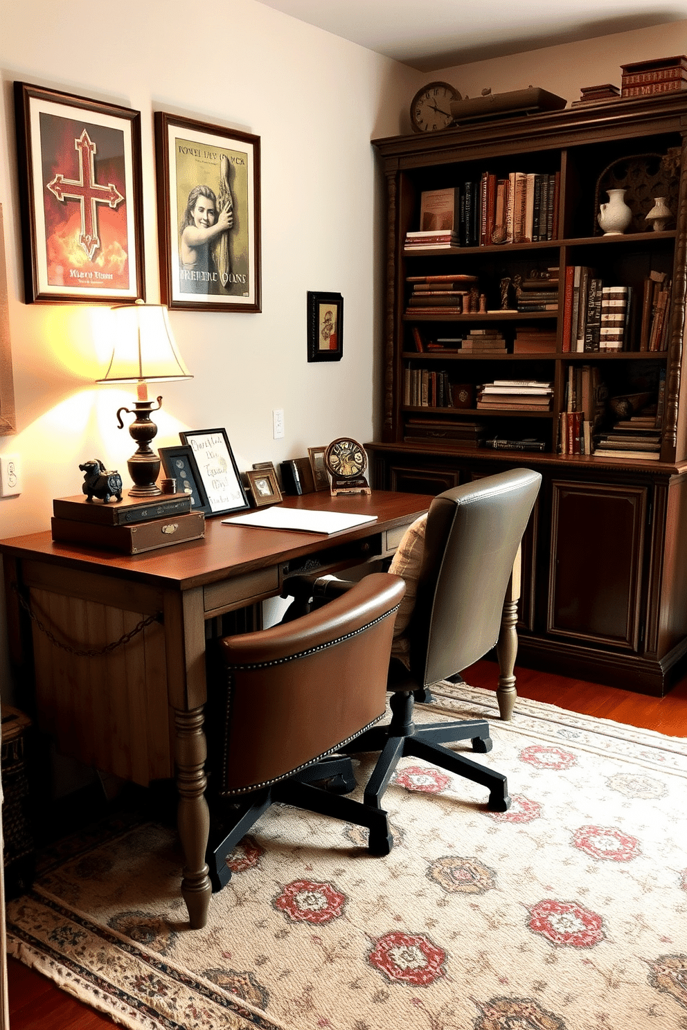 A cozy home office den featuring vintage decor items that add a unique touch. The room is adorned with a distressed wooden desk, a classic leather armchair, and an antique bookshelf filled with old books and decorative trinkets. Soft lighting from a vintage-style lamp casts a warm glow over the space. A patterned area rug lies beneath the desk, and framed art prints with a retro aesthetic hang on the walls, enhancing the nostalgic atmosphere.