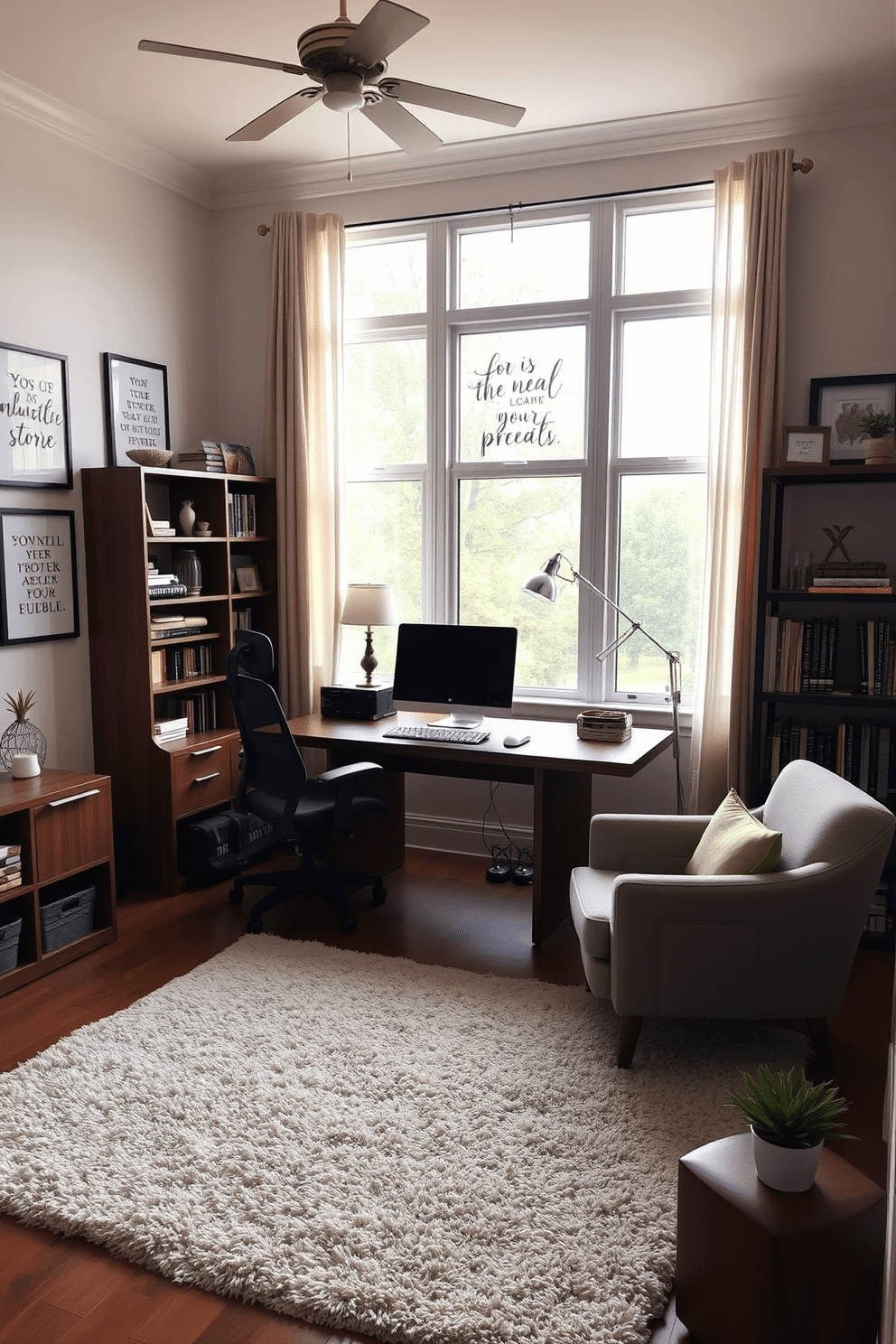 A cozy home office den featuring inspirational quotes framed on the walls. The space is designed with a large wooden desk, a comfortable ergonomic chair, and a stylish bookshelf filled with books and decorative items. Natural light floods the room through a large window, with soft curtains that add a touch of elegance. A plush area rug anchors the seating area, where a couple of armchairs invite relaxation and creativity.