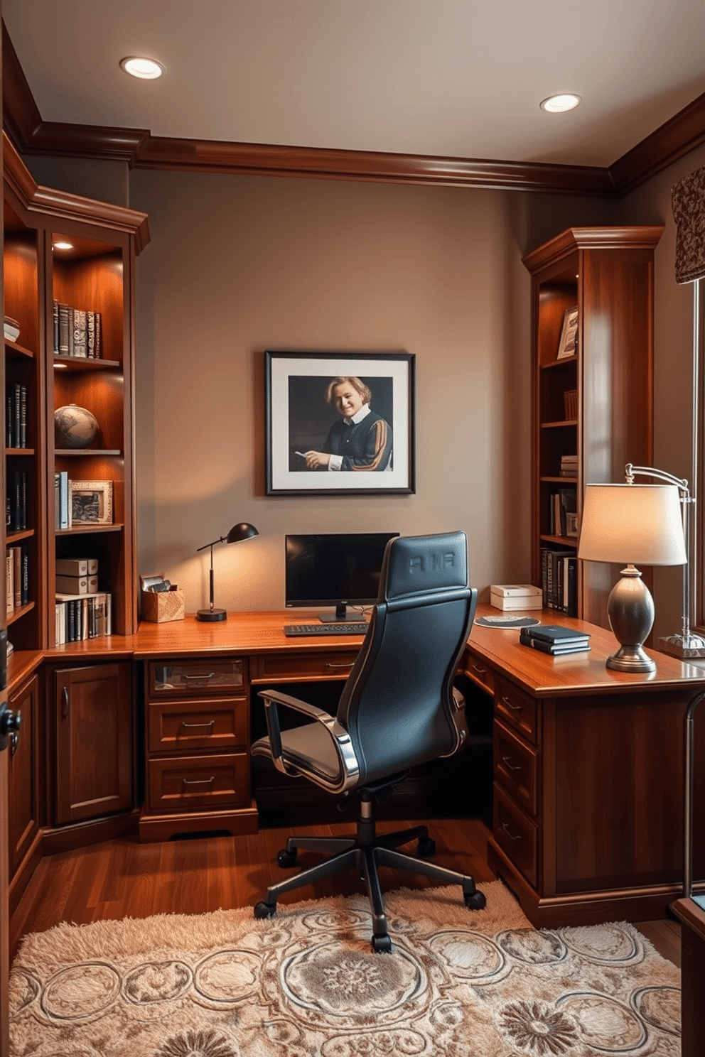 A cozy home office den featuring warm wood accents and soft, ambient lighting. The room includes a large wooden desk with a sleek, ergonomic chair, complemented by built-in shelves filled with books and personal decor. The walls are painted in a warm taupe, enhancing the inviting atmosphere. A plush area rug underfoot adds comfort, while a stylish floor lamp provides gentle illumination in the evening.