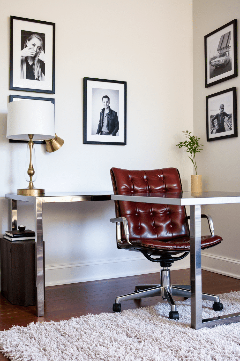 A vintage leather chair with rich, deep tones sits comfortably next to a sleek metal desk that features clean lines and a minimalist design. The walls are adorned with framed black-and-white photographs, and a plush area rug adds warmth to the space, creating an inviting home office atmosphere.