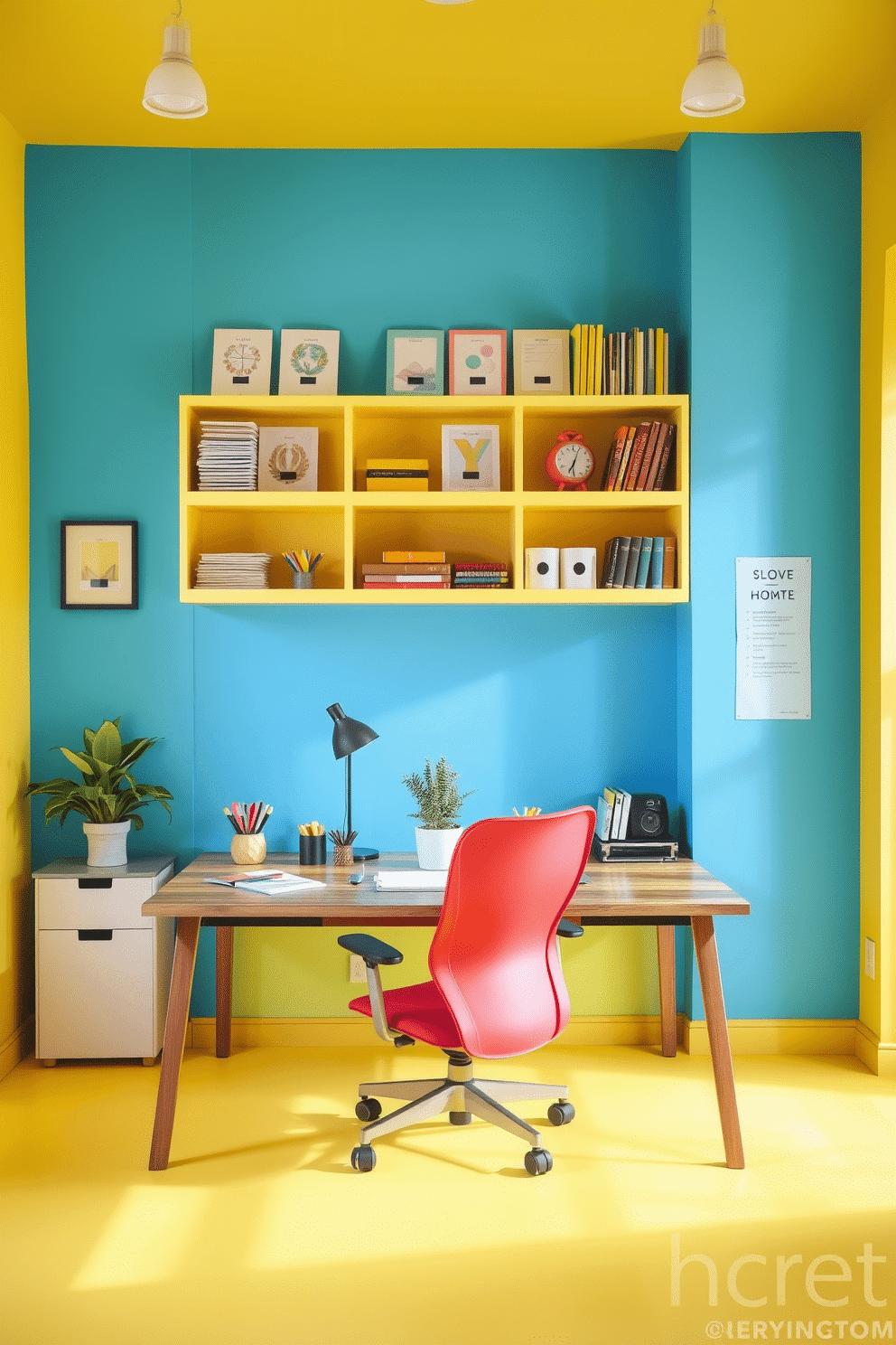 A cheerful workspace filled with bright colors. The walls are painted in a vibrant yellow, complemented by a lively blue accent wall. A large wooden desk sits in the center, adorned with colorful stationery and a potted plant. A comfortable ergonomic chair in a bold red hue invites creativity and productivity.