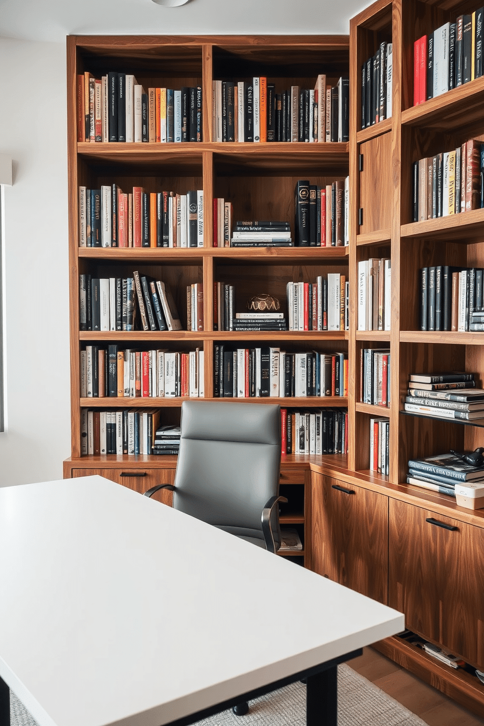 A modern home office den featuring open shelving that provides easy access to an extensive collection of books. The shelves are crafted from reclaimed wood, creating a warm and inviting atmosphere, while a sleek desk positioned in front allows for productivity and focus.