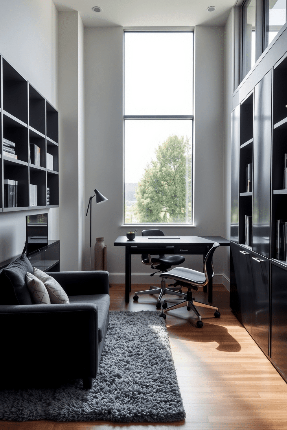 A stylish home office den featuring a monochrome palette. The space is furnished with a sleek black desk and a matching ergonomic chair, complemented by minimalist shelving units along the walls. Large windows allow natural light to flood the room, enhancing the clean lines and modern aesthetic. A plush area rug in shades of gray anchors the seating area, creating a cozy yet sophisticated atmosphere.