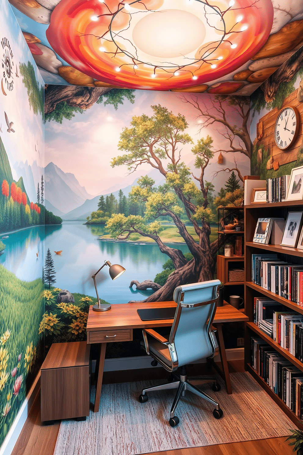 Artistic wall murals that transform a space into an immersive experience. The murals feature vibrant colors and intricate designs, depicting nature scenes that inspire creativity and calm. A cozy home office den designed for productivity and comfort. It includes a sleek wooden desk, an ergonomic chair, and shelves lined with books, all complemented by warm lighting and personal art pieces.