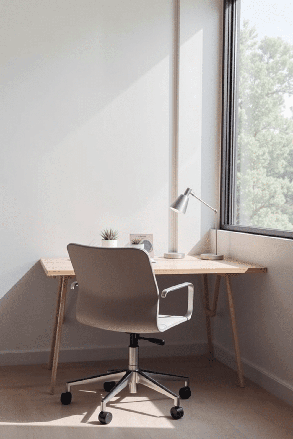 A sleek minimalist desk with a smooth, light wood finish is positioned against a soft gray wall, complemented by an ergonomic chair featuring a simple, modern design in a neutral fabric. Natural light pours in through a large window, illuminating a few carefully selected decorative items on the desk, including a small potted plant and an elegant desk lamp.