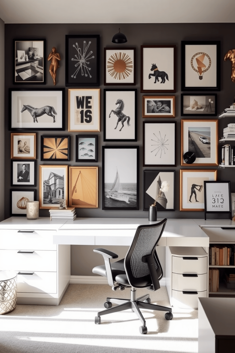 A gallery wall filled with inspiring art pieces that reflect creativity and personality. The arrangement includes a mix of framed paintings, photographs, and unique wall sculptures in varying sizes and styles. In the home office, a sleek desk with a minimalist design sits in front of a large window, allowing natural light to flood the space. A comfortable ergonomic chair complements the desk, and shelves filled with books and decorative items create an inviting atmosphere.