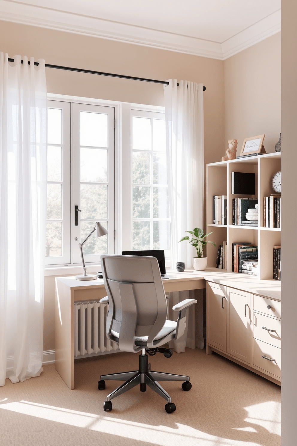 A tranquil home office setting featuring a neutral color palette that promotes focus and calm. The walls are painted in soft beige, complemented by a light gray desk and a comfortable ergonomic chair. Natural light floods the room through large windows adorned with sheer white curtains. A stylish bookshelf filled with books and decorative items adds personality, while a small potted plant brings a touch of greenery to the space.