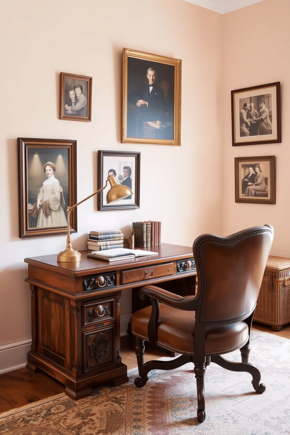 A cozy home office featuring vintage furniture pieces that exude character and charm. A reclaimed wood desk with intricate carvings sits against a soft, pastel-colored wall, paired with a classic leather armchair that invites comfort and productivity. On the desk, an antique brass lamp provides warm illumination, while a collection of vintage books adds a touch of nostalgia. A patterned rug anchors the space, and framed artwork from past eras adorns the walls, creating an inspiring and stylish workspace.