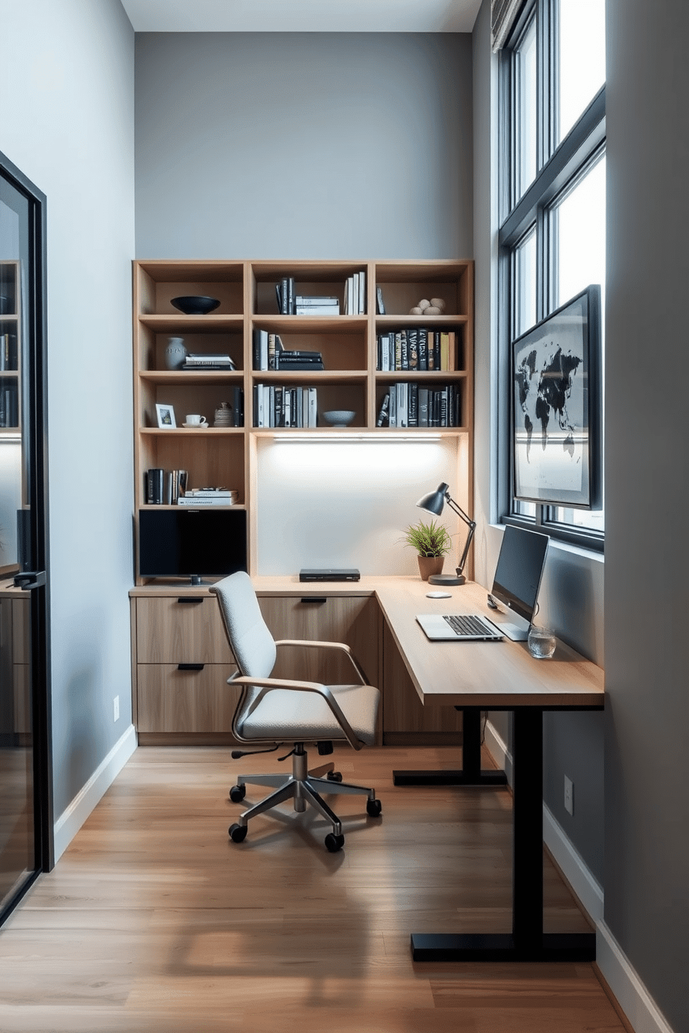 A sleek and modern home office features a stylish desk that doubles as a dining table, maximizing functionality in a compact area. The chair is ergonomic yet elegant, with a neutral fabric that complements the light wood tones of the desk. The walls are painted in a soft gray, creating a calming atmosphere, while open shelving displays books and decorative items without cluttering the space. A large window allows natural light to flood in, enhancing productivity and making the room feel more spacious.