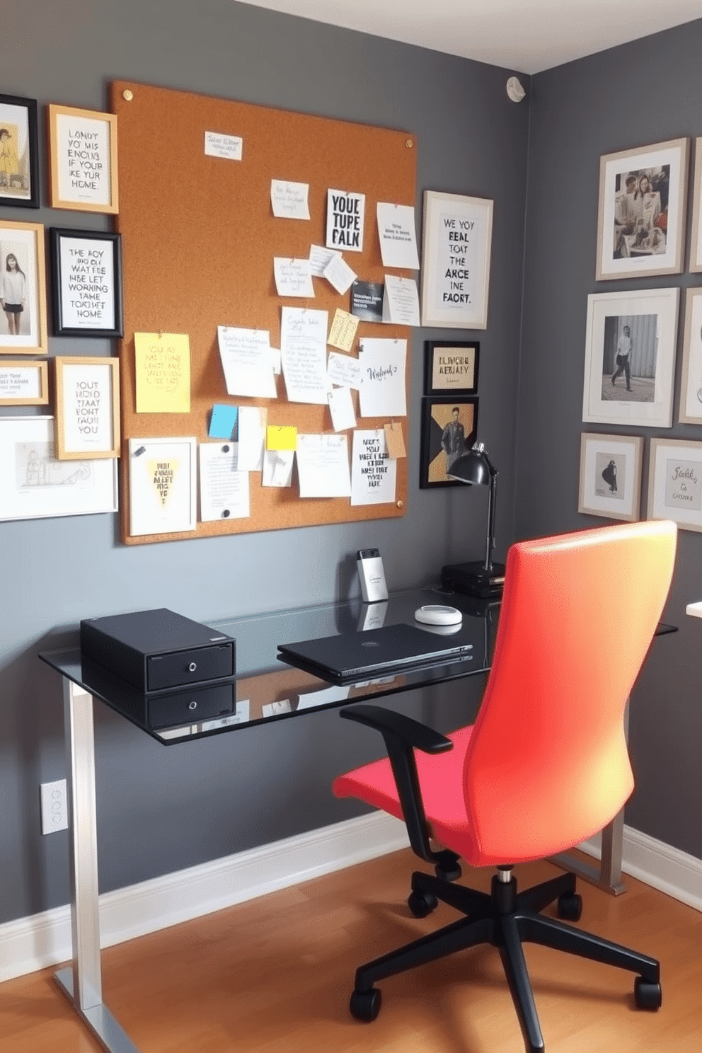 A modern home office featuring a sleek glass desk with a minimalist design, paired with an ergonomic chair in a vibrant color. The walls are adorned with a gallery of framed inspirational quotes and art, while a cork pinboard is mounted above the desk, filled with notes, sketches, and swatches for creative inspiration.