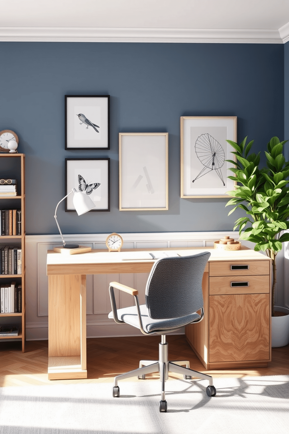 A modern home office featuring a sleek standing desk with a minimalist design, crafted from light wood. The desk is positioned near a large window that floods the space with natural light, complemented by a comfortable ergonomic chair in a soft gray fabric. The walls are painted in a calming blue hue, adorned with framed artwork that adds a touch of personality. A stylish bookshelf filled with books and decorative items stands against one wall, while a lush indoor plant adds a refreshing pop of greenery to the room.