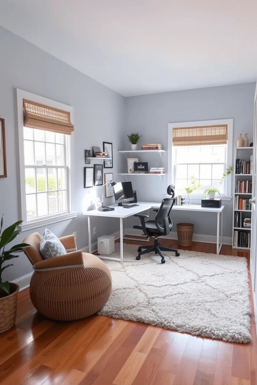 A cozy home office featuring a soft area rug that defines the workspace, providing a warm contrast to the hardwood floor. The room is adorned with a sleek desk positioned near a large window, allowing natural light to illuminate the space. A comfortable ergonomic chair complements the desk, while shelves filled with books and decorative items add personality to the room. The walls are painted in a calming light blue, creating an inviting atmosphere for productivity and creativity.