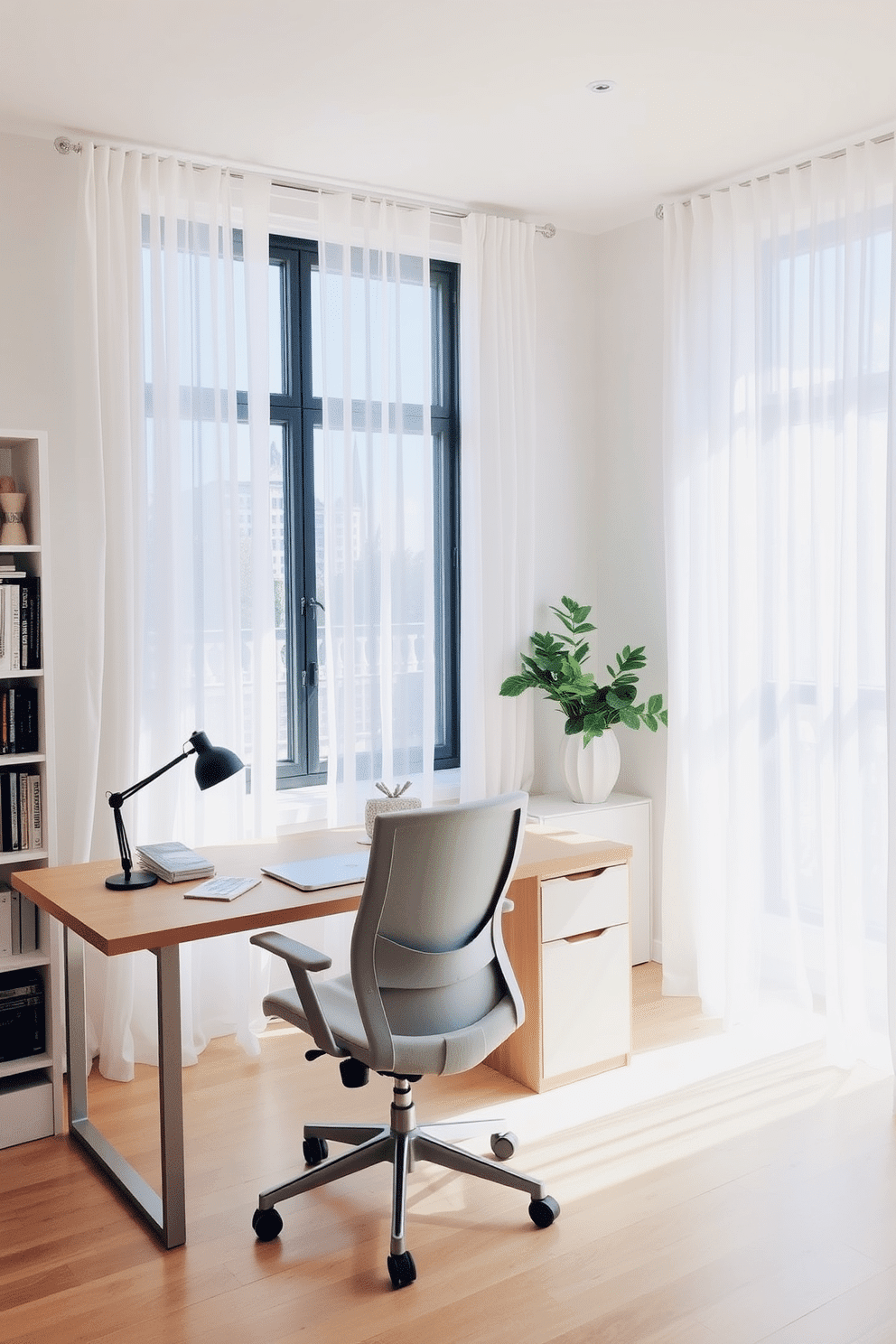 A bright and airy home office bathed in natural light. Sheer white curtains gently filter the sunlight, creating a warm and inviting atmosphere. The workspace features a sleek, modern desk made of light wood paired with a comfortable ergonomic chair. A stylish bookshelf filled with books and decorative items lines one wall, enhancing the room's functionality and aesthetic appeal.