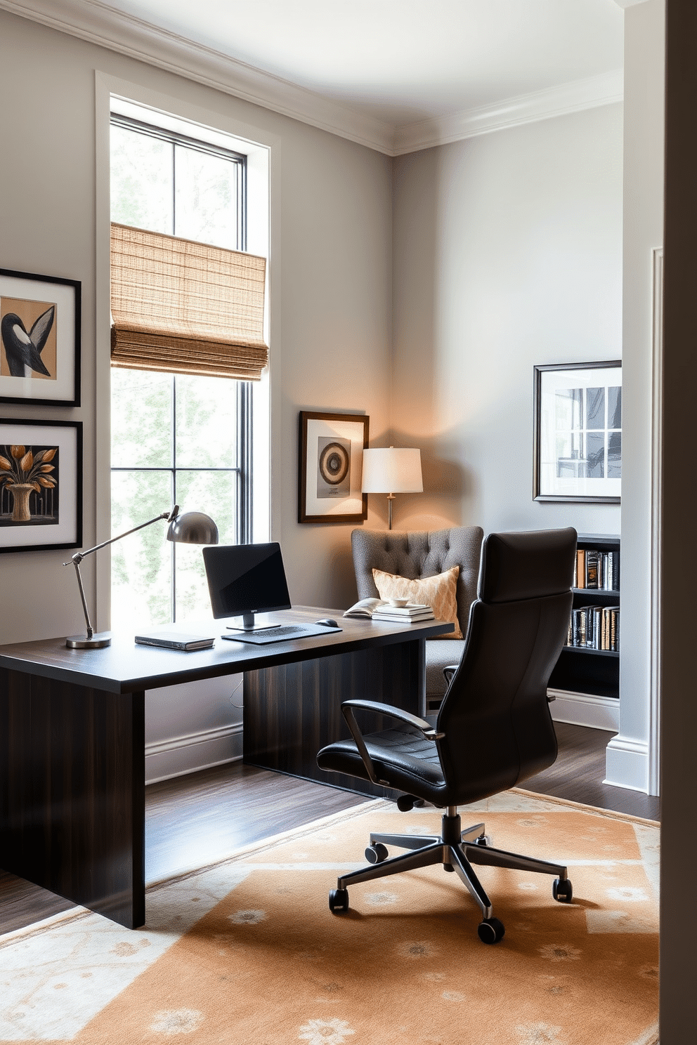 A stylish home office featuring a sleek, modern desk made of dark wood, complemented by a comfortable ergonomic chair in soft leather. The walls are adorned with framed artwork that reflects your personal taste, while a large window allows natural light to fill the space, enhancing productivity. In one corner, a cozy reading nook is created with a plush armchair and a small bookshelf filled with your favorite titles. A decorative rug in warm tones ties the room together, adding warmth and inviting comfort to your workspace.