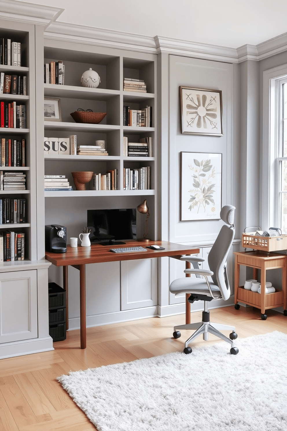 A stylish home office featuring a sleek wooden desk positioned against a wall adorned with built-in shelves filled with books and decorative items. To the side, a small coffee station is set up with a modern espresso machine, a selection of coffee mugs, and a chic wooden cart for storage. The walls are painted in a calming light gray, complemented by a plush area rug in soft tones. Large windows allow natural light to flood the space, while a comfortable ergonomic chair invites productivity and creativity.