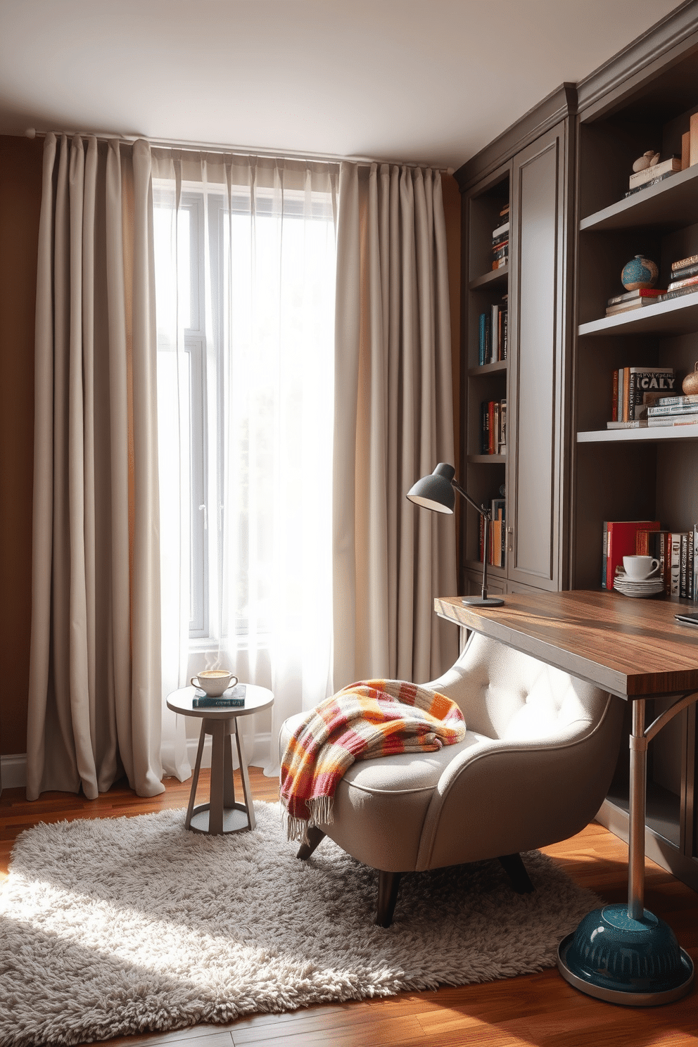 Cozy reading nook with plush armchair. The nook features a large window with sheer curtains, allowing soft natural light to filter in. A small side table holds a steaming cup of tea and a stack of books, while a colorful throw blanket drapes over the armchair. The walls are painted a warm taupe, complemented by a plush area rug that adds warmth to the hardwood floor. Home office design ideas. The workspace includes a sleek wooden desk positioned against a wall of built-in shelves filled with books and decorative items. A comfortable ergonomic chair provides support, and a stylish desk lamp casts a warm glow over the workspace. The color palette combines soft grays and vibrant accents, creating an inspiring and productive environment.