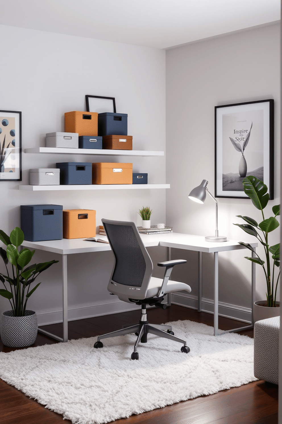 A chic home office setting featuring decorative storage boxes in various sizes and colors, neatly arranged on floating shelves. The desk is a sleek, modern design with a comfortable ergonomic chair, and a stylish desk lamp illuminates the workspace. The walls are painted a calming light gray, adorned with framed artwork that inspires creativity. A plush area rug anchors the space, while a potted plant adds a touch of greenery to the overall aesthetic.