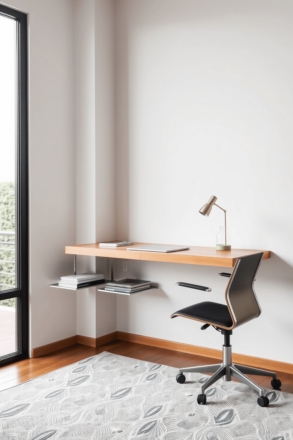 A sleek floating desk is mounted against a white wall, featuring clean lines and a natural wood finish that adds warmth to the space. Below the desk, a minimalist metal shelf holds books and decorative items, while a stylish ergonomic chair complements the modern aesthetic. The home office is illuminated by a large window that allows natural light to flood the room, enhancing productivity. A soft area rug in muted tones anchors the space, providing comfort and a touch of sophistication underfoot.