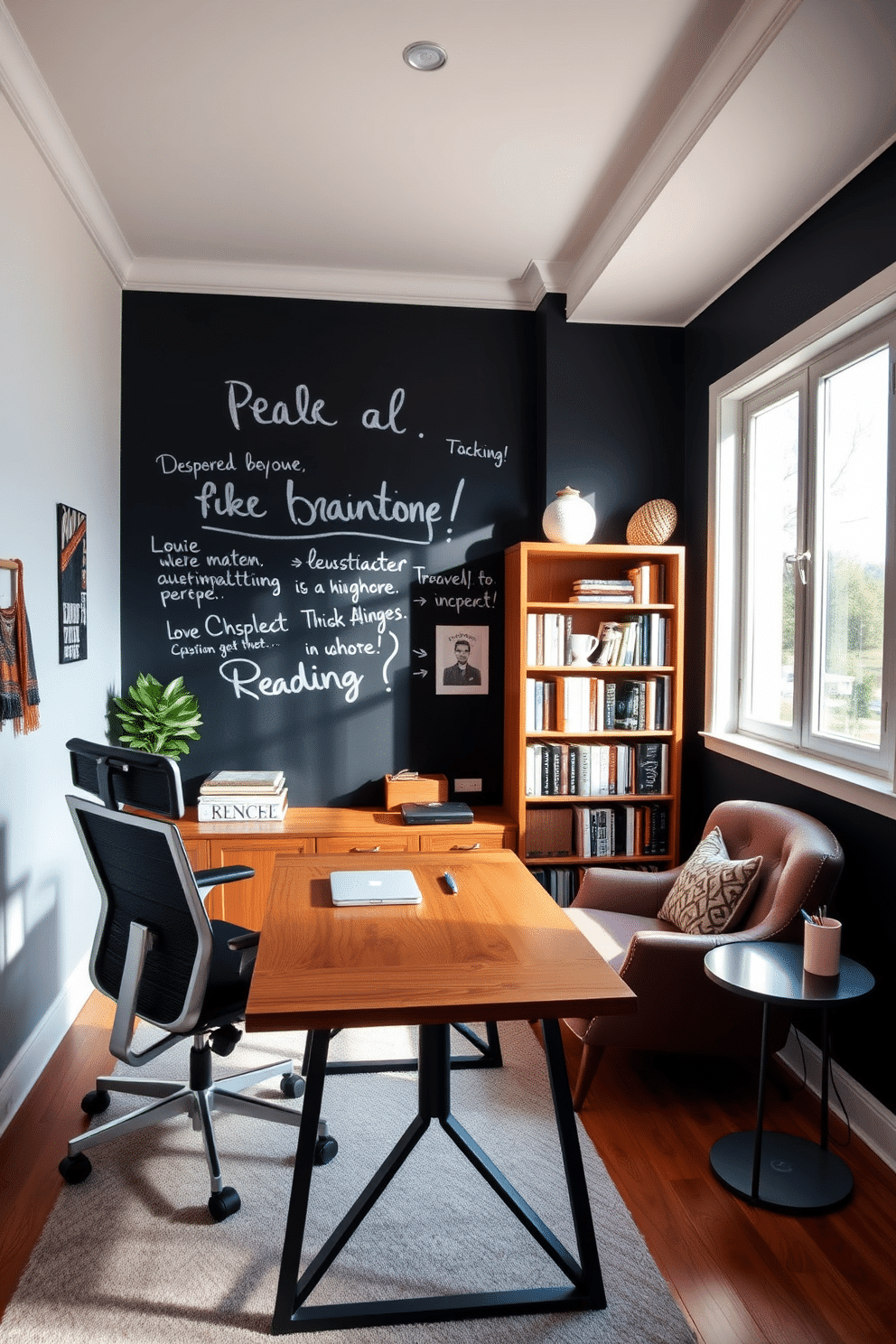 A modern home office featuring a chalkboard wall that invites creativity and brainstorming. The space includes a sleek wooden desk with a comfortable ergonomic chair, and a stylish bookshelf filled with books and decorative items. Natural light floods the room through large windows, enhancing the vibrant atmosphere. A cozy reading nook with a plush armchair and a small side table is positioned near the window, perfect for relaxation and inspiration.