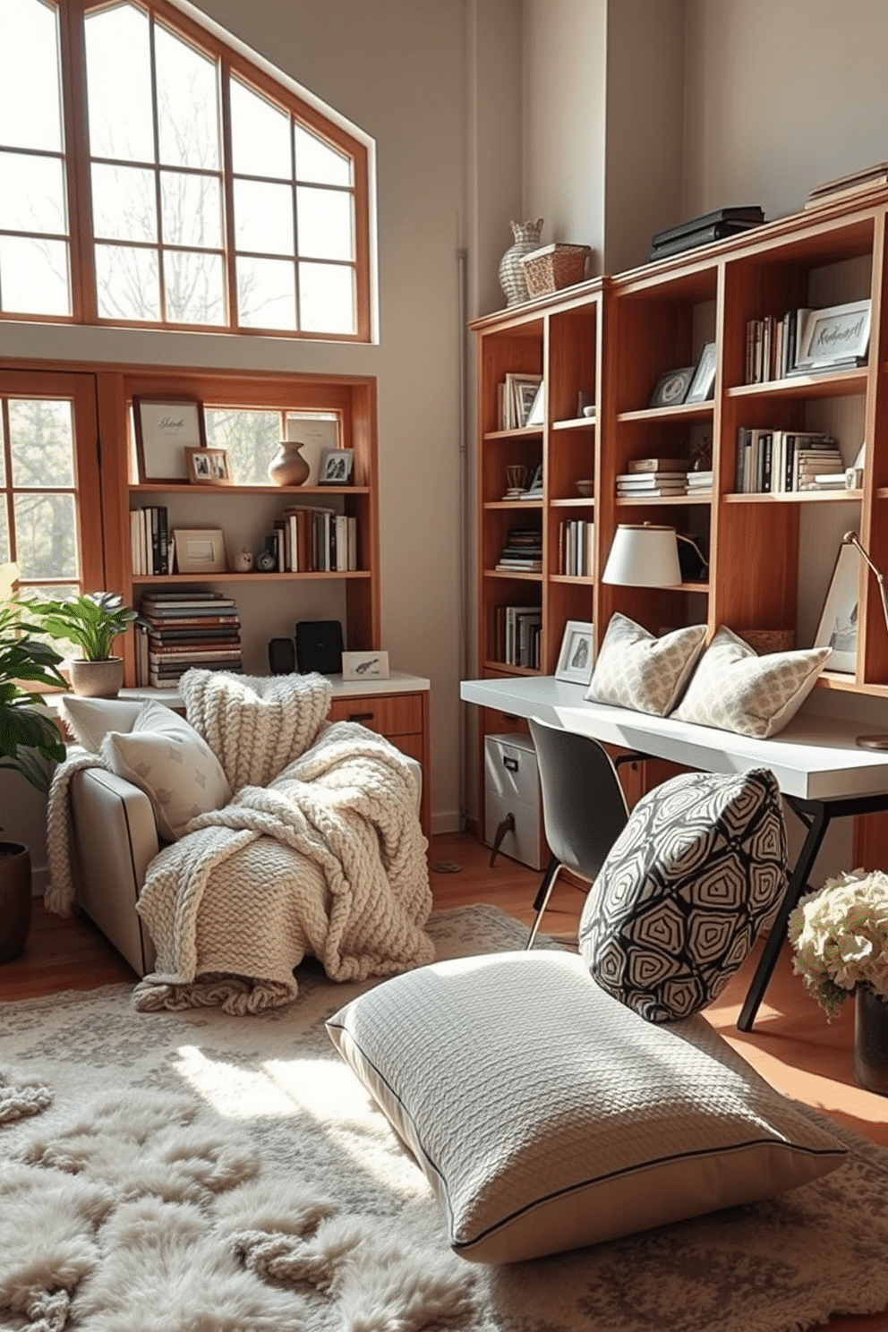 A cozy home office setting filled with plush blankets and soft pillows invites relaxation and productivity. A large, inviting armchair sits in the corner, draped with a chunky knit blanket, while a stylish desk is adorned with decorative cushions for added comfort. Natural light floods the room through large windows, illuminating the warm wood tones and calming color palette. Shelves lined with books and personal mementos create an inspiring atmosphere, making it the perfect space for creativity and focus.