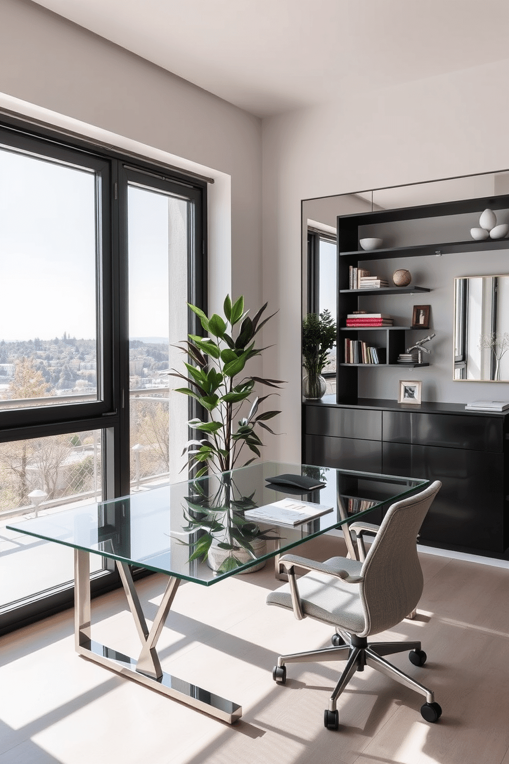 A modern home office featuring a sleek glass desk positioned against a wall of large windows that flood the space with natural light. On the opposite wall, a full-length mirror reflects the view, creating an illusion of a larger area and enhancing the brightness of the room. The office is adorned with minimalist shelving units that display stylish books and decorative items. A comfortable ergonomic chair in a soft fabric complements the neutral color palette, while a lush potted plant adds a touch of greenery to the space.