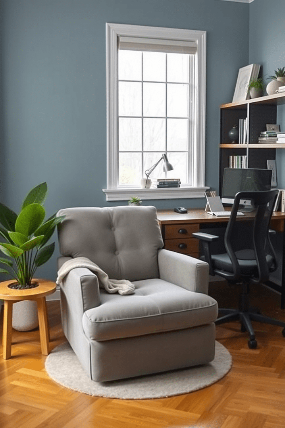 A serene tech-free relaxation corner featuring a plush, oversized armchair in soft gray fabric, accompanied by a small round side table made of natural wood. A large potted plant sits nearby, adding a touch of greenery, while a cozy throw blanket drapes over the armchair, inviting you to unwind with a good book. A stylish home office design with a spacious wooden desk positioned near a window, allowing for ample natural light. The walls are painted in a calming blue hue, and a comfortable ergonomic chair complements the desk, while shelves filled with books and decorative items create an inspiring workspace.