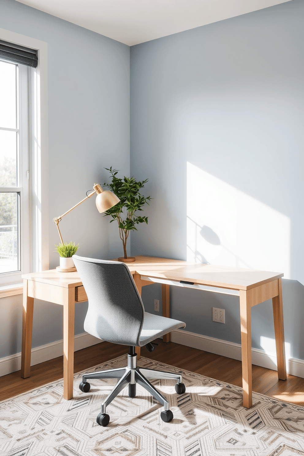 A modern home office features a sleek, minimalist desk made of light wood, paired with an ergonomic chair upholstered in a soft gray fabric. On the desk, a stylish desk lamp with a brushed brass finish provides focused lighting, while a small potted plant adds a touch of greenery. The walls are painted a calming light blue, creating an inviting atmosphere for productivity. A large window allows natural light to flood the space, and a cozy area rug anchors the room, adding warmth and texture.