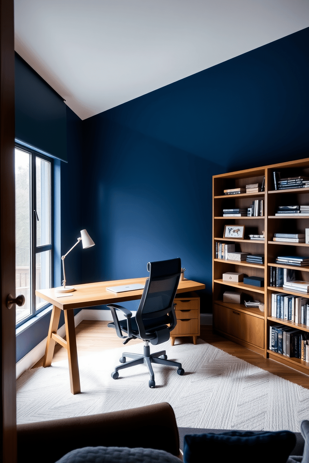 A stylish home office features a striking navy blue accent wall that adds depth and drama to the space. The room is furnished with a sleek wooden desk positioned near a large window, allowing for ample natural light. A comfortable ergonomic chair complements the desk, while a modern bookshelf filled with neatly arranged books and decorative items lines the opposite wall. Soft, warm lighting from a contemporary desk lamp enhances the inviting atmosphere, making it an ideal workspace.