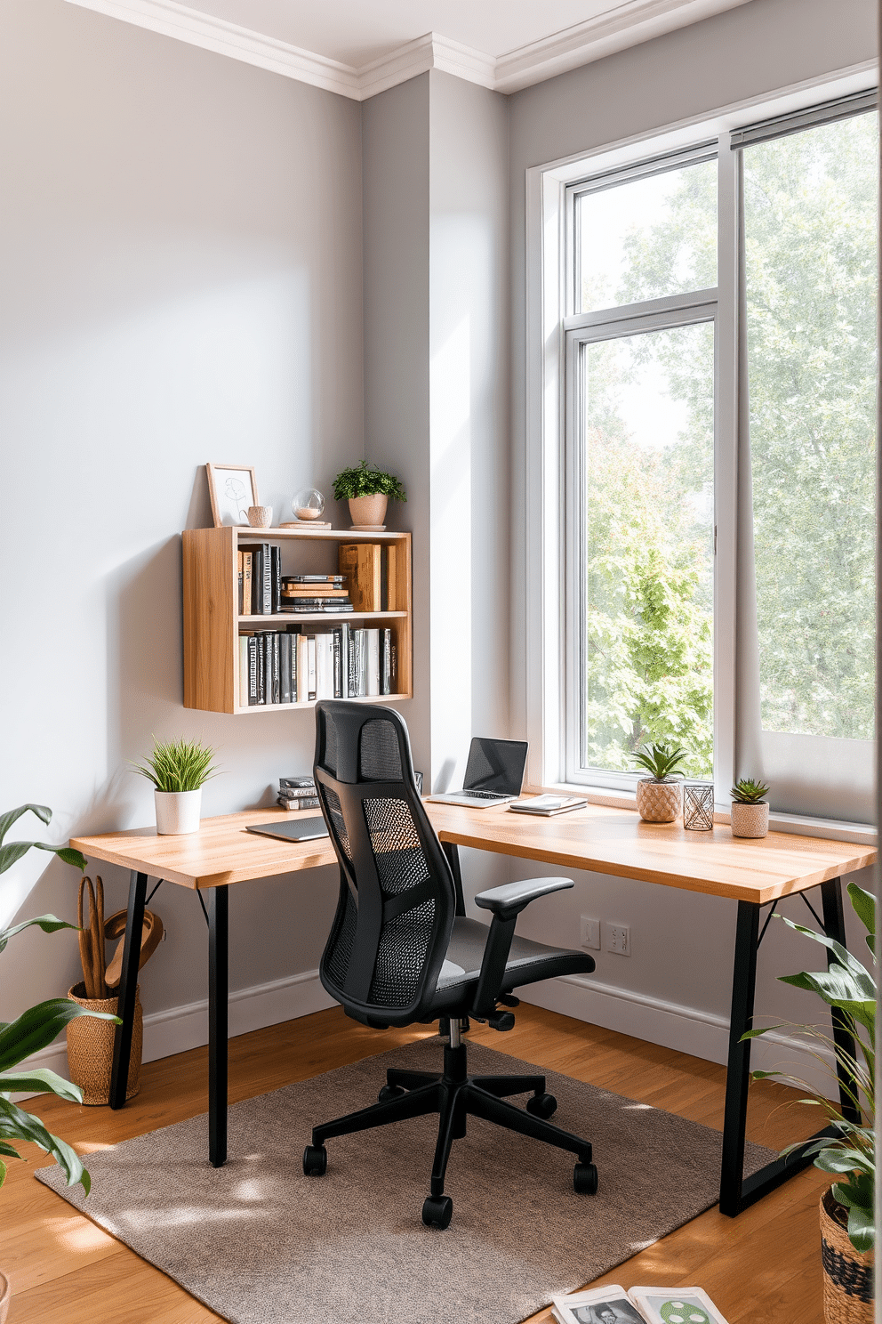 A modern home office featuring a sleek wooden desk with a comfortable ergonomic chair. A small bookshelf is positioned nearby, filled with neatly arranged books and decorative items for easy access, enhancing both functionality and aesthetics. The walls are painted in a calming light gray, creating a serene atmosphere, while a large window allows natural light to flood the space. A stylish area rug adds warmth underfoot, and potted plants provide a touch of greenery, promoting a productive environment.