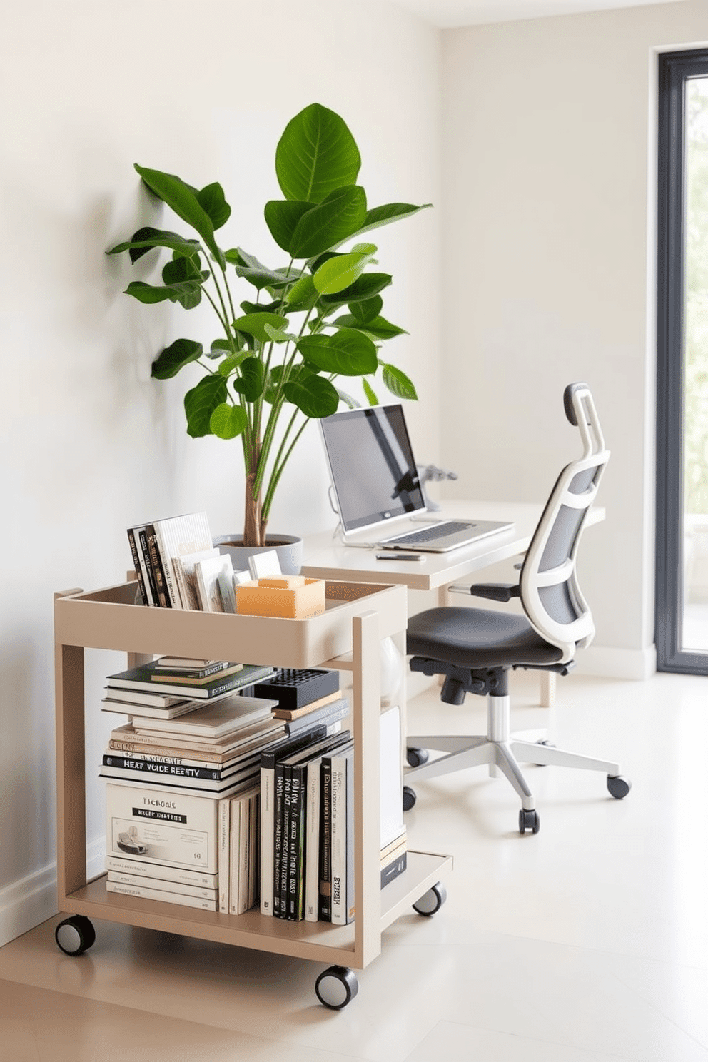 A modern home office featuring a sleek rolling cart for flexible storage. The cart is filled with organized office supplies and books, seamlessly blending functionality with style. The workspace includes a minimalist desk with a comfortable ergonomic chair, positioned near a large window that allows ample natural light. Soft, neutral tones adorn the walls, complemented by a vibrant indoor plant that adds a touch of greenery to the space.